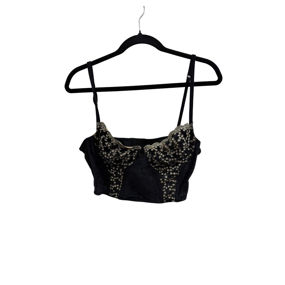 Vintage Huit France Black Velour Embroidered‎ Bustier Bra Top 36B Gold Floral - Picture 2 of 5